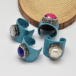 Snakeskin Imitation Leather Cuff Rings, Open Rings, with Polymer Clay Rhinestone, Shell, Pearl, Gemstone, Jade Beads, Sky Blue, 21mm(RJEW-I043-05)