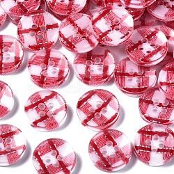 Resin Buttons, 4-Hole, Flat Round with Tartan Pattern, FireBrick, 13x2.5mm, Hole: 1.6mm, about 1000pcs/bag(BUTT-N017-01E)
