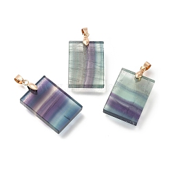 Natural Fluorite Pendants, Rectangle Charms, with Rack Plating Brass Findings, Golden, 44.5x25.5x9.5mm, Hole: 7x4.5mm(G-P487-05G)