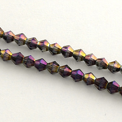 Electroplate Glass Bead Strands, Rainbow Plated, Faceted Bicone, Purple, 4x4.5mm, Hole: 1mm, about 92~96pcs/strand, 13.78~14.37 inch(EGLA-R094-4mm-10)