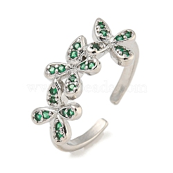 Flower Rack Plating Brass Micro Pave Cubic Zirconia Open Cuff Rings for Women, Cadmium Free & Lead Free, Long-Lasting Plated, Platinum, Dark Green, Flower: 9.8x20.5mm, Adjustable(RJEW-N047-01P-05-RS)