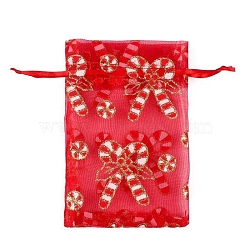 Organza Printed Gift Bags with Drawstring, Jewelry Pouches, Wedding Party Christmas Favor Gift Bags, Rectangle, Candy Cane, 18x13cm(PW-WG00D7C-11)