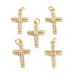 Brass Micro Pave Clear Cubic Zirconia Pendants, with Jump Ring, Long-Lasting Plated, Cross, Real 18K Gold Plated, 24x14.5x2mm, Jump Rings: 5x1mm, 3mm Inner Diameter(ZIRC-L100-111G)