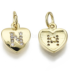 Brass Micro Pave Clear Cubic Zirconia Charms, with Jump Ring, Heart with Letter, Real 16K Gold Plated, Nickel Free, Letter.N, 10x9x2mm, Jump Ring: 5x1mm, 3mm inner diameter(KK-N227-34N-NF)