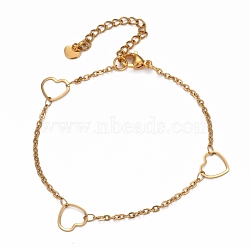304 Stainless Steel Cable Chain Anklets, with Heart Link and Lobster Claw Clasps, Golden, 9-1/8 inch(23.3cm)(AJEW-H104-04G)