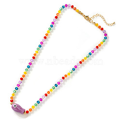 Porcelain Fish Pendant Rainbow Color Glass Beaded Necklaces for Friends and Couples, Golden, Medium Purple, 16.54 inch(42cm)(KF3974-3)