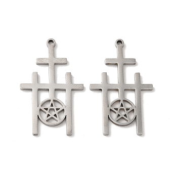 304 Stainless Steel Pendant, Triple Cross with Star Charm, Stainless Steel Color, 30x18.5x1.5mm, Hole: 1.4mm