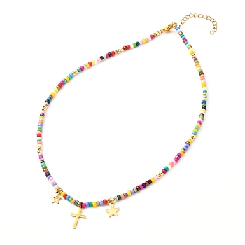 Glass Seed Beaded Necklaces, Star & Cross Charms Necklace, Golden, Colorful, 15.35 inch(39cm)