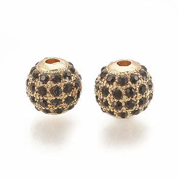 Alloy Bead, with Rhinestone, Round, Jet, Golden, 8x8mm, Hole: 1.5mm