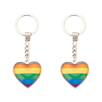 DICOSMETIC 2Pcs Pride Alloy Keychain, with Iron Ring and Glass, Heart with Rainbow Pattern, Colorful, 10.05cm