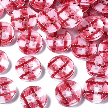 Resin Buttons, 4-Hole, Flat Round with Tartan Pattern, FireBrick, 13x2.5mm, Hole: 1.6mm, about 1000pcs/bag