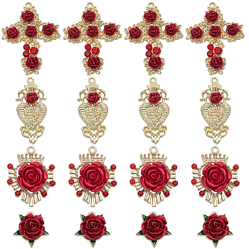 24Pcs 4 Styles Alloy Rhinestone Pendants, Cross with Rose Flower Charms, Light Gold, 18~36.5x15~28.5x4~8.5mm, Hole: 1.6~2mm, 6pcs/style