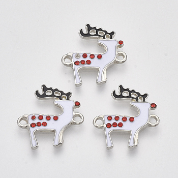 Alloy Links connectors, with Enamel and Light Siam Rhinestone, Christmas Reindeer/Stag, Antique Silver, White, 20x19x2mm, Hole: 1.6mm