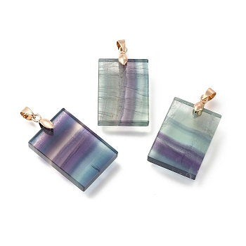 Natural Fluorite Pendants, Rectangle Charms, with Rack Plating Brass Findings, Golden, 44.5x25.5x9.5mm, Hole: 7x4.5mm