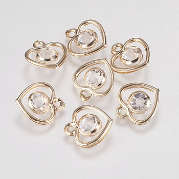 Glass Rhinestone Charms, with Iron Findings, Heart, Golden, 14.5x13x5mm, Hole: 1.5mm