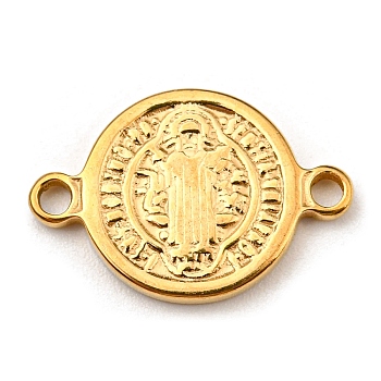Religion 304 Stainless Steel Connector Charms, Flat Round with God & Holy Writ Links, Golden, 10x15x1.5mm, Hole: 1.4mm