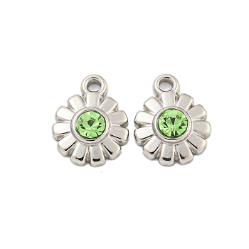 304 Stainless Steel Pendants, with Rhinestone, Flower Charms, Real 14K Gold Plated, Peridot, 11x9x3mm, Hole: 1.5mm