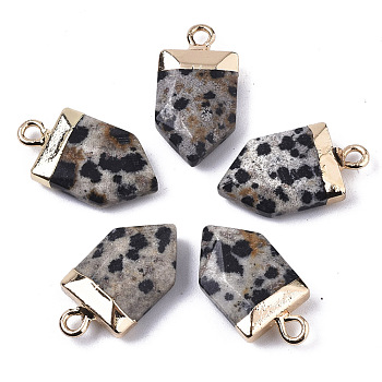 Natural Dalmatian Jasper Pointed Pendants, with Light Gold Plated Top and Brass Loop, Arrow, Faceted, 19x10.5x4.5mm, Hole: 1.8mm