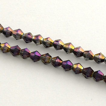 Electroplate Glass Bead Strands, Rainbow Plated, Faceted Bicone, Purple, 4x4.5mm, Hole: 1mm, about 92~96pcs/strand, 13.78~14.37 inch