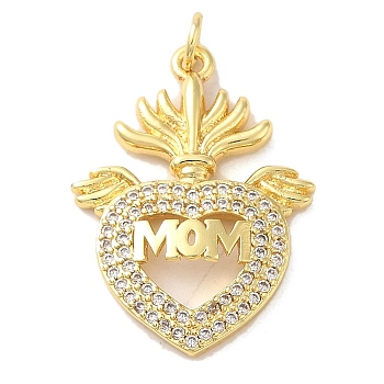 Mother's Day Brass Micro Pave Clear Cubic Zirconia Pendants, Heart, Real 16K Gold Plated, 27.5x20x3.5mm, Hole: 3mm