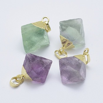 Natural Fluorite Pendants, with Brass Findings, Cone, Golden, 25~28x18~25x14.5~20mm, Hole: 4x6.5mm