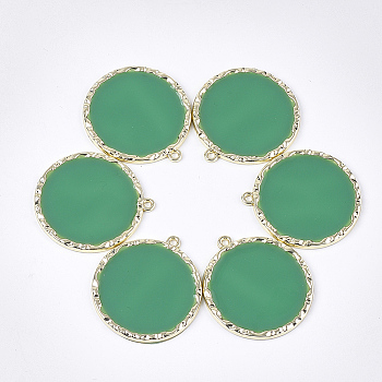 Epoxy Resin Pendants, with Alloy Findings, Flat Round, Light Gold, Medium Sea Green, 36x33x2.5mm, Hole: 1.8mm