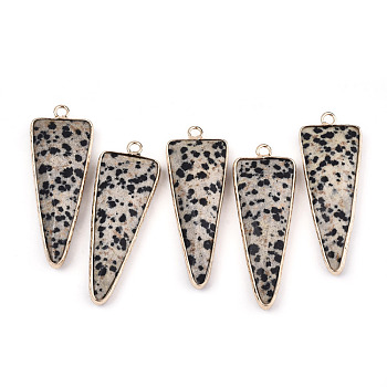 Natural Dalmatian Jasper Pointed Pendants, with Light Gold Plated Brass Edge and Loop, Triangle, Faceted, 45.5x16.5x6~7mm, Hole: 2.5mm