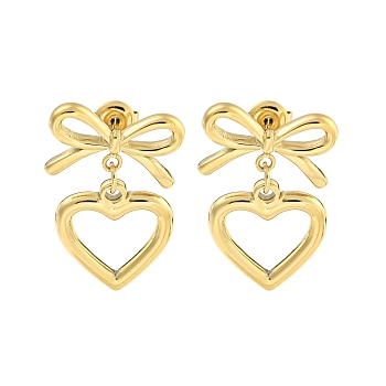 Ion Plating(IP) 304 Stainless Steel Stud Earrings for Women, Heart with Bowknot, Real 14K Gold Plated, 28x19mm