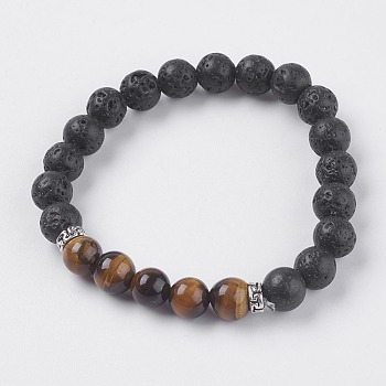 Natural Lava Rock and Natural Tiger Eye Beads Stretch Bracelets, with Alloy Finding, 2 inch(52mm)