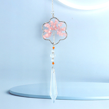 Crystals Hanging Pendants Decoration, with Natural Rose Quartz Chips and Alloy Findings, for Home, Garden Decoration, Flower, 230mm