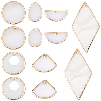 24Pcs 6 Styles Electroplated Natural Freshwater Shell Pendants with Golden Plated Brass Edge, Mixed Shapes, WhiteSmoke, 15~67x18~33x1.5~4mm, Hole: 1.2~1.8mm, 4pcs/style