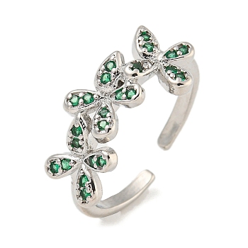 Flower Rack Plating Brass Micro Pave Cubic Zirconia Open Cuff Rings for Women, Cadmium Free & Lead Free, Long-Lasting Plated, Platinum, Dark Green, Flower: 9.8x20.5mm, Adjustable