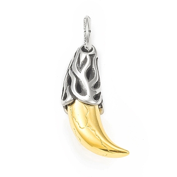 Ion Plating(IP) 304 Stainless Steel Pendants, Wolf Tooth Charm, Antique Silver & Golden, 45x17x13mm, Hole: 10mm