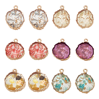 CHGCRAFT 12Pcs 6 Colors Transparent Resin Pendants, Nuggets Charm, with Light Gold Tone Iron Findings and Gold Foil, Mixed Color, 21~23x17~20x5.5mm, Hole: 1.6mm