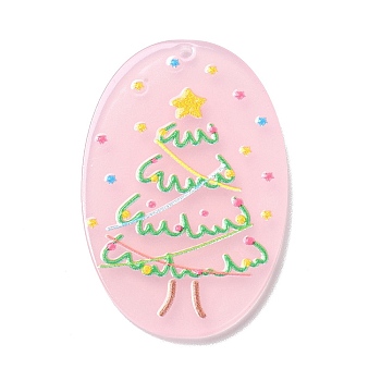 Printed  Acrylic Pendants, for Christmas, Oval with Chriatmas Tree Charm, Pink, 39.5x26x2mm, Hole: 1.6mm