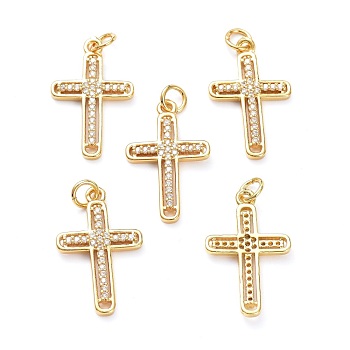 Brass Micro Pave Clear Cubic Zirconia Pendants, with Jump Ring, Long-Lasting Plated, Cross, Real 18K Gold Plated, 24x14.5x2mm, Jump Rings: 5x1mm, 3mm Inner Diameter