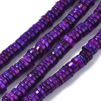 Natural Freshwater Shell Beads Strands, Dyed, Flat Round/Disc, Heishi Beads, Indigo, 5~6x1~2mm, Hole: 1mm, about 205~215pcs/strand, 15.35 inch(39cm)