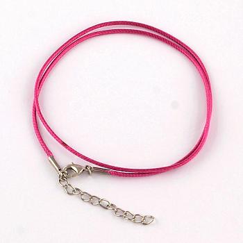 Waxed Cotton Cord Necklace Making, with Alloy Lobster Claw Clasps and Iron End Chains, Platinum, Magenta, 17.4 inch(44cm)