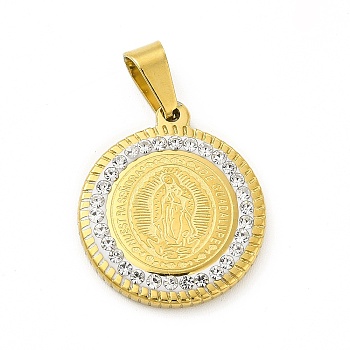 Vacuum Plating 304 Stainless Steel Pendants, with Crystal Polymer Clay Rhinestone, Flat Round with Nuestra Senora de Guadalupe, Golden, 22x19x2.5mm, Hole: 6.5x4mm