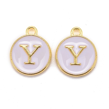Golden Plated Alloy Charms, Cadmium Free & Lead Free, with Enamel, Enamelled Sequins, Flat Round with Letter, White, Letter.Y, 14x12x2mm, Hole: 1.5mm
