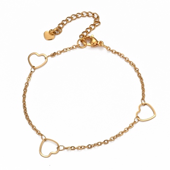 304 Stainless Steel Cable Chain Anklets, with Heart Link and Lobster Claw Clasps, Golden, 9-1/8 inch(23.3cm)