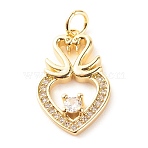 Brass Micro Pave Clear Cubic Zirconia Pendants, Cadmium Free & Lead Free, Heart with Double Swans, Real 18K Gold Plated, 20.8x12.5x3.5mm, Hole: 3.5mm(ZIRC-P094-07G-RS)