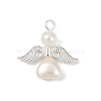 ABS Imitation Pearl Bead Pendants, Hearted-shape Angel, with Alloy Wing & Iron Loops, Silver, White, 22x22x6mm, Hole: 2.5mm(PALLOY-JF04104-04)