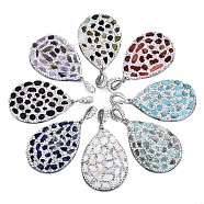 Polymer Clay Rhinestone Pendants, with Gemstone Chip/Natural Shell Chip and PU Leather, Teardrop, Platinum, 53~56x37~39x6~8mm, PP12(1.8~1.9mm), Hole: 9x5mm(RB-S056-11C-P)