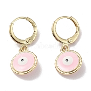 Real 18K Gold Plated Brass Dangle Leverback Earrings, with Enamel, Evil Eye, Pink, 26.5x11mm(EJEW-L269-007G-03)
