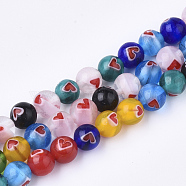 Handmade Lampwork Beads Strands, Round with Heart, Mixed Color, 6mm, Hole: 1mm, about 65pcs/strand, 14.9 inch(LAMP-S191-10A)