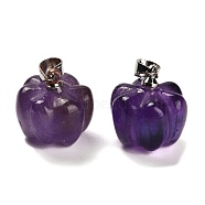 Natural Amethyst Pumpkin Charms, with Platinum Tone Rack Plating Brass Snap on Bails, Lead Free & Cadmium Free, 13.5x13mm, Hole: 4x3.5mm(G-K338-27P-08)