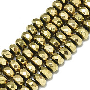 Electroplate Non-magnetic Synthetic Hematite Beads Strands, Rondelle, Faceted, Real 18K Gold Plated, 6x4mm, Hole: 1.2mm, about 100~101pcs/strand, 15.75 inch(40cm)(X-G-S352-51)