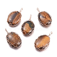 Natural Tiger Eye Pendants, Wire Wrapped Pendants, with Rose Gold Plated Brass Wire, Oval, 42.5x23x10mm, Hole: 5x7mm(G-K305-B01-RG)