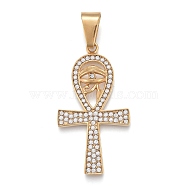 304 Stainless Steel Pendants, with Crystal Rhinestone, Ankh Cross with Eye of Horus, Golden, 49x26x5mm, Hole: 6x12mm(STAS-K214-19G)